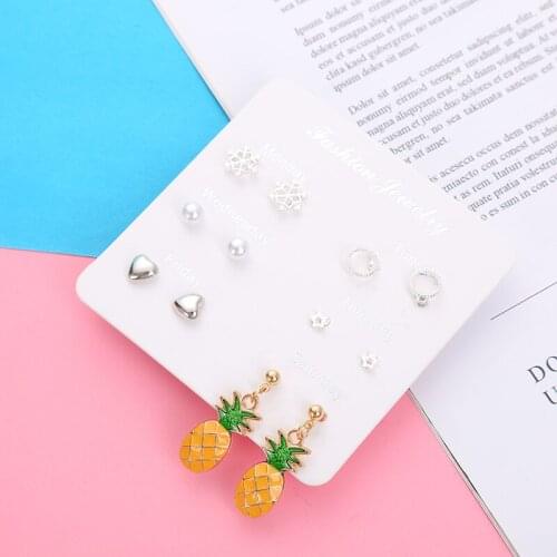 6 Pairs/Set Htzzy Cute Earrings for Women Creative Geometry Heart Pineapple Stud Earrings Jewelry Fashion Earrings Set Gifts