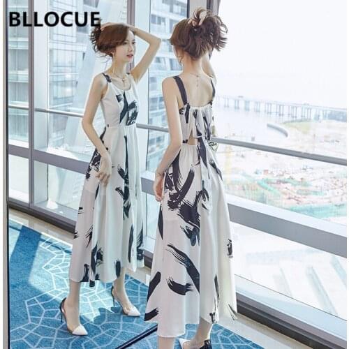 BLLOCUE 2020 Summer New Ink Printing Sweet Fairy Suspender Holiday Dress Sexy V-neck Sleeveless Halter Lace-up Split Dress