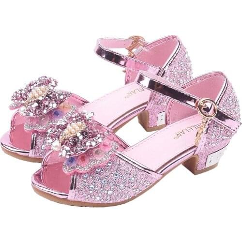 Little Girls Rhinestone Bow High-Heeled Sandals Princess Dancing Summer Pu Leather Shoe Big Girl 3 4 5 6 7 8 9 10 11 12 Year Old