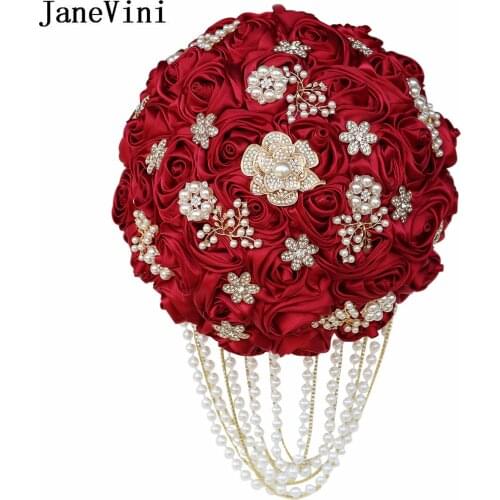 JaneVini 22cm Burgundy Wedding Bouquet Waterfall Pearls Rhinestones Bride Satin Roses Ivory Crystal Bridal Flowers Nepbloemen