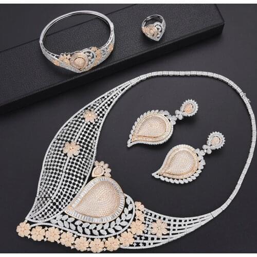 LARRAURI Charms Women Bridal Wedding Jewelry Sets Big Collar Necklace Dangle Drop Earrings Bangle Ring Statement Jewelry Sets