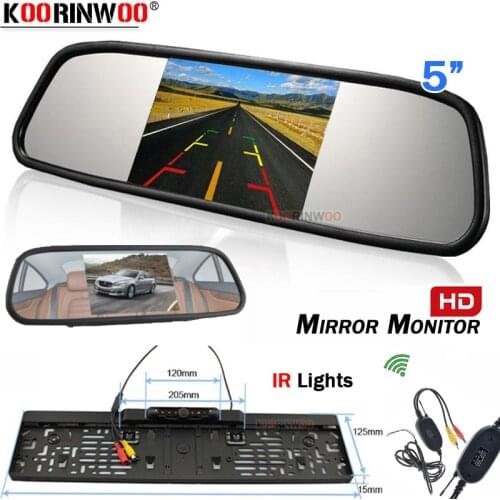 Koorinwoo 5" Car Mirror Monitor Wireless European Number Plate Frame Trunk Camera rear View Parking Assist IR Lights Wide Sensor