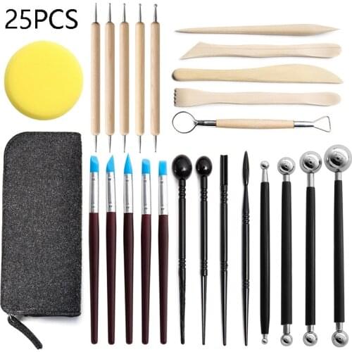 25-piece Clay Tool Set Ceramic Sculpture Carving Craft Wooden Handle Modeling Tool Kit Polymer Clay Tools Dab Tool
