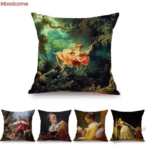 Rococo Style The Sewing See-saw Reader Girl Stolen Kiss Famous Oil Painting Pillow Case Jean Honore Fragonard Sofa Cushion Cover