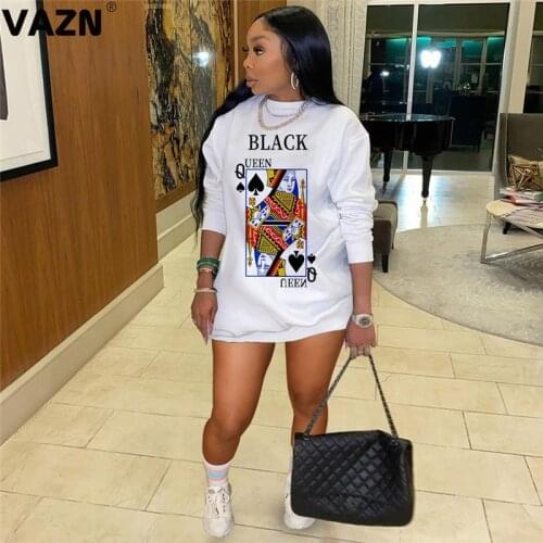 VAZN New 2020 Cartoon Print High Street Lady Party Night Shinny Loose Dress Full Sleeve Sheath Dresses