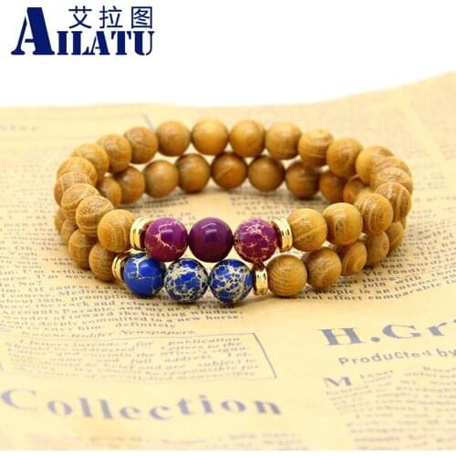 Ailatu New Design High Quality Nature Wood Jewelry with Sea Sediment Imperial Beads Stretch Energy Yoga Gift Bracelets