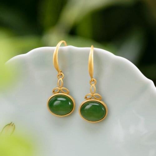 Original S925 Sterling Silver Gold-Plated Simple Hetian Jade Green Jade Womens Antique Jade Earrings Ear Hook Eardrop Earring
