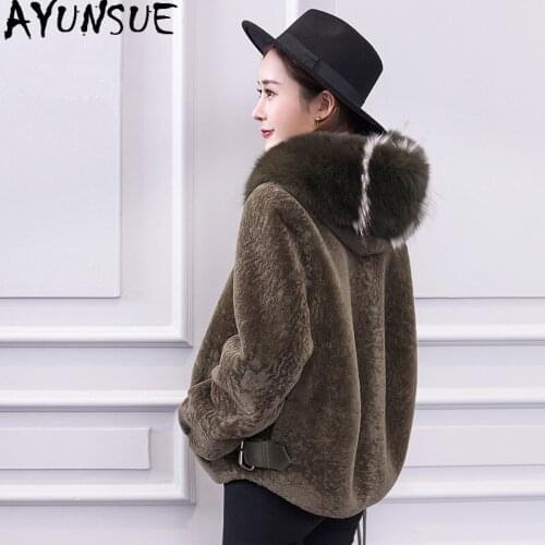 AYUNSUE Real Fur Coat Female Sheep Shearling Jacket Winter Coat Women Fox Fur Collar Luxury Wool Coats Genuine Leather Jacket MY