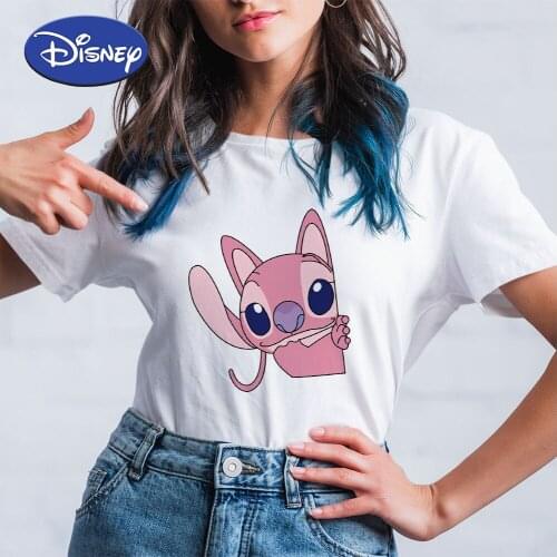 Disney Angel and Stitch Cartoon T-shirt Kawaii Harajuku Plus Size Tops Women Couple Shirt Ulzzang Clothes Teens for Girls 2021