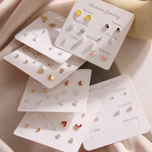 EN 7Pairs/Set Crystal Heart Leaves Stud Earrings For Women Charm Rhinestone Small Pearl Earrings Set Jewelry Girls Gifts Brincos