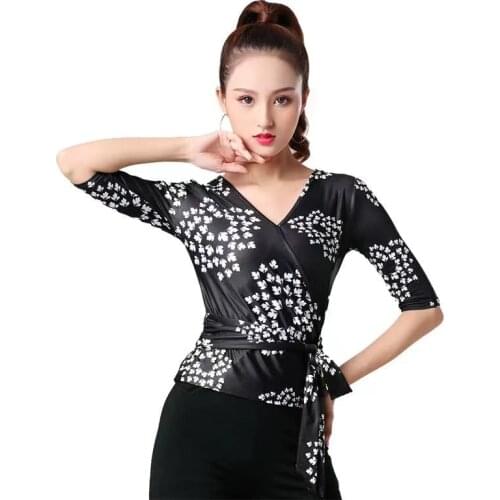 Hot Latin Dance Printing Shirt New Female Adult National Standard Ballroom Dance Costume Sexy Tops Performance Practice Clothing