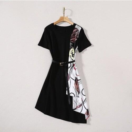 Womens European and American clothing 2021 summer new style Short sleeve stitching silk scarf printing Irregular dress