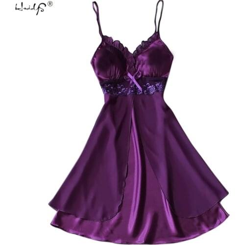 Women Sexy Silk Satin Night Gown Sleeveless Nightdress Lace Sleep Ruffle Dress V-neck Nighties Night Shirt Sleepwear Nightwear