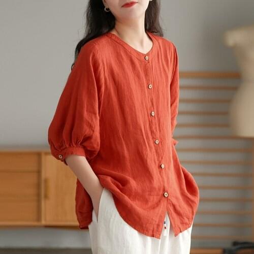 Orange Solid Color Women Vintage Linen Shirts Lantern Sleeve Tops O-Neck Single-Breasted Blouses 2021 Summer Loose Shirt Blusas