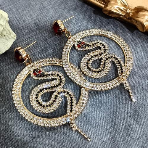 Flatfoosie Round Shiny Crystal Drop Earrings for Women Shiny Snake Shape Rhinestone Dangle Earring Wedding Fashion Jewelry Gifts