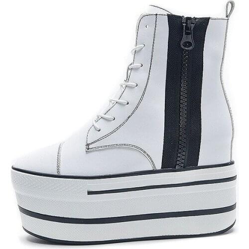 Krasovki 10 cm High Top Zipper 2021 Women Boots Genuine Leather Autumn Winter Motorcycle Booties Platform Thick Sole Shoes