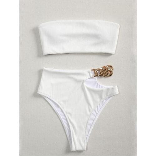 Women Off Shoulder Bikini 2021 Sexy Solid White High Cut Metal High Waist Swimsuit Female Bathers Bathing Suit Swimwear Biquini