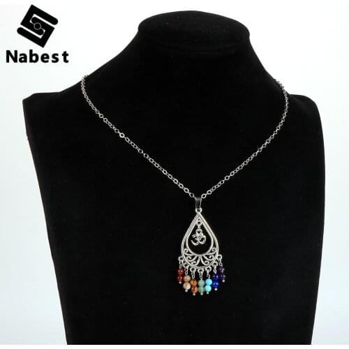 Women Natural Stone 7 Chakras Pendant Necklace Metal Dangling Gravel OM YogaHealing Reiki Boho Choker Clavicle Chain Jewelry