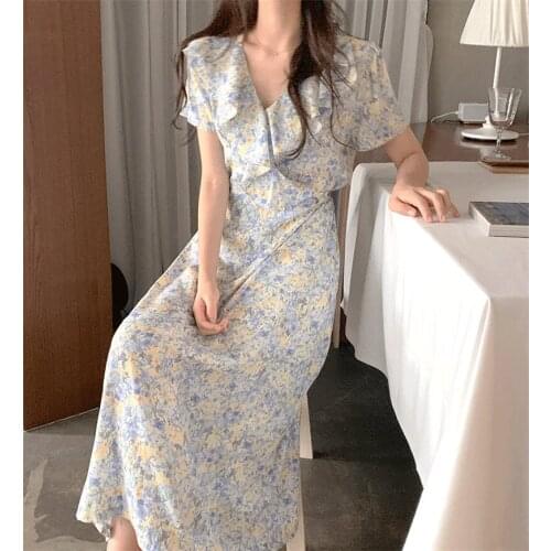 Korean Style Elegant Ruffled Chiffon Floral Dress Women One Piece Vintage High Waist Lace Up Ruffle Long Dress Summer Sundress