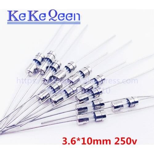 200pcs/lot 3.6*10mm 0.5A 1A 1.5A 1.6A 2A 2.5A 3A 3.15A 4A 5A 6.3A 8A 10A 12A 15A 250V 3.6*10 lead wire Slow Break Glass Fuse