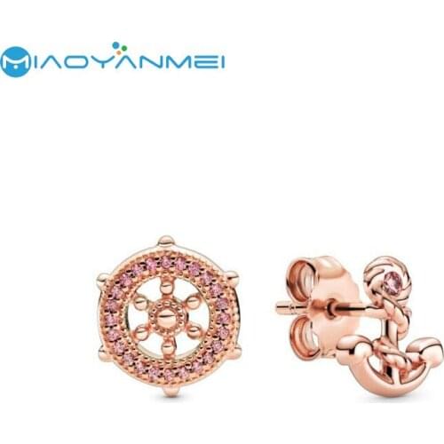 2020 Autumn New 925 Sterling Silver Pave Earrings Rose Gold Rudder And Anchor Stud Earrings Women Birthday Gift Fashion Jewelry