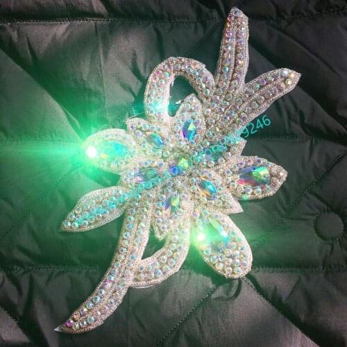 Shiny AB glass crystal flower trims for dancing dress decoration big strass flower applique for garments hats scarf rhinestones