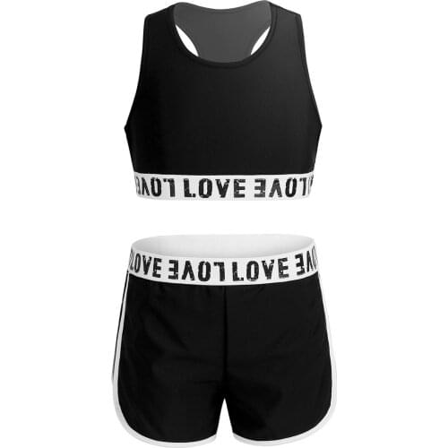 Kids Girls Two-piece Dancewear Letter Printed Sleeveless Racerback Crop Top Shorts Set Ballet Gymnastics Workout Athletic Outfit
