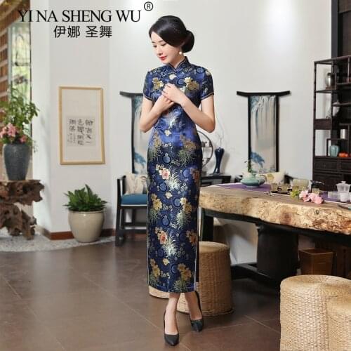 China Tang Suit Chrysanthemum Long qipao Chinese Bride Wedding Dress Dinner Dress lady Elegant Satin Soft Dress Slim Cheongsam