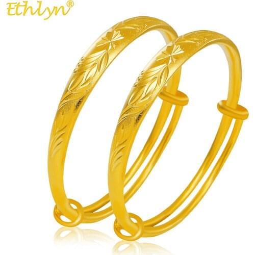 Ethlyn 2pcs/lot Adjustable Gold Color Carved Flower Matte Bangles Bracelet For women Wedding Gift MY69