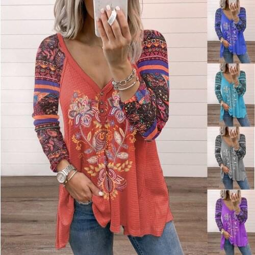 European and American fashion autumn and winter plus size womens tops V-neck pullover printing long-sleeved loose T-shirt women