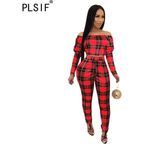 European Fashion Slash Neck Women Set Plaid Print 2 Pieces Outfits Ladies Two Pieces Clothes Set