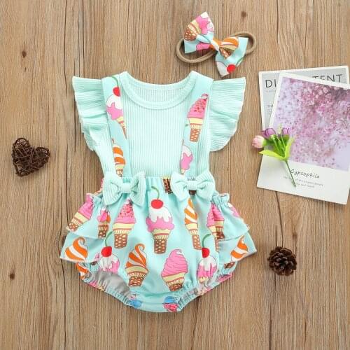 Cute Newborn Infant Baby Girls Fly Sleeve Ribbed Blue T-Shirt Top ICe Cream Print Suspender Pants Bowknot Headband 3pcs Outfits