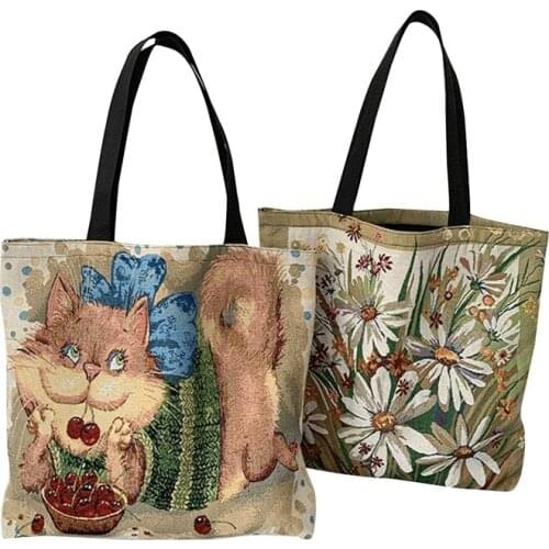 Women Canvas Tote Bag Vintage Animal/Floral Shoulder Bag Large Capacity Handbag