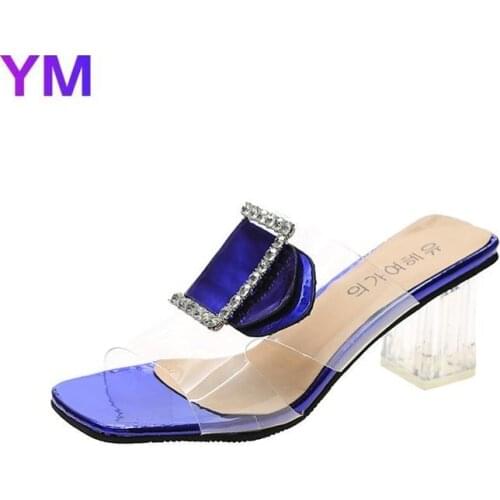Summer Sandals Women Shoes Women Mules Slides Peep Toe PVC Transparent Square High Heels Female Shoe Casual Square Heel Clear