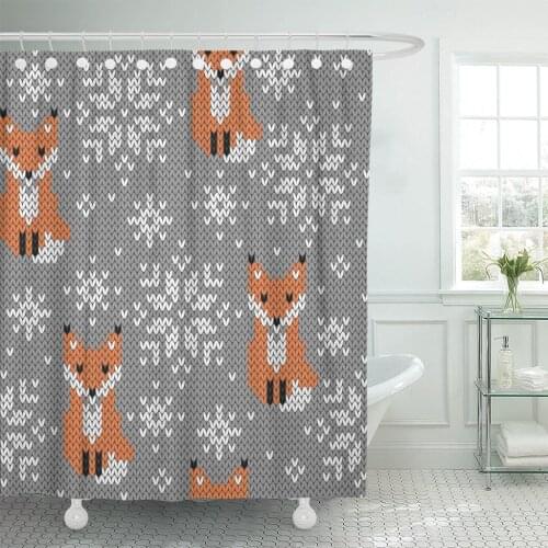 Orange Foxes Jacquard Knitted Winter Cute Animals Scandinavian Silver Shower Curtain Waterproof Fabric 60 x 72 Inches Set