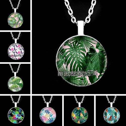 Green Tropical Leaves Pendent Necklace Tropical Green Plant Leaf Glass Cabochon Chain Necklace for Women
