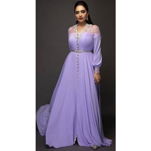 Eightale Arabic Evening Dresses V-Neck Light Purple Lace Appliques Long Sleeve Kaftan Dubai Chiffon Caftan Prom Gown Party Dress