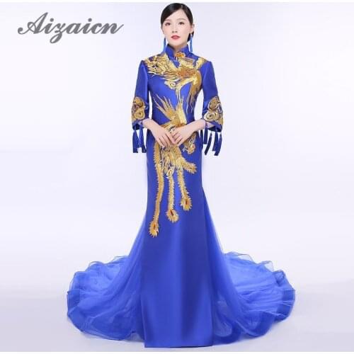 Royal Blue Embroidery Luxury Evening Dress Elegant Oriental Prom Gowns Fashion Women Showes Gold Phoenix Cheongsam Long Trailing