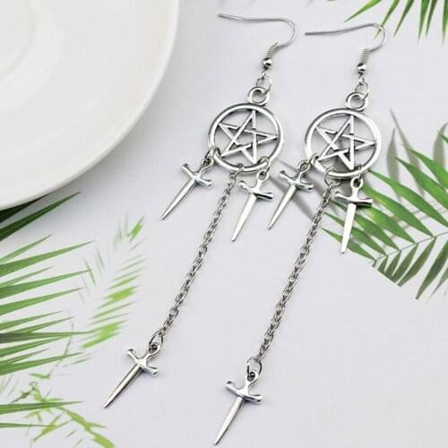 Punk Gothic Style Earrings Five-pointed Star Pendant Hoop Earrings Dangle Chain Earrings Fashion-forward Dagger Earrings