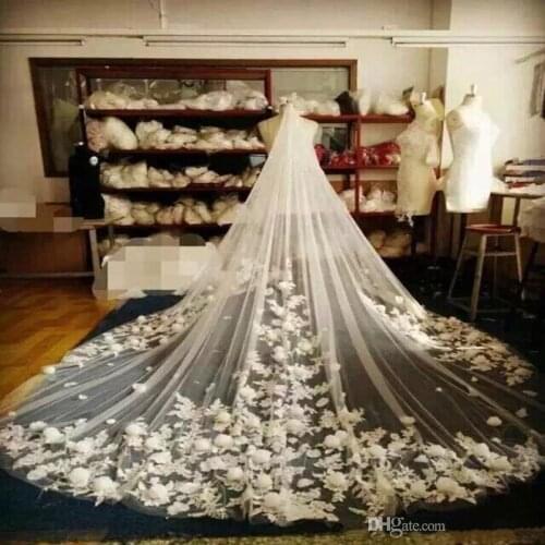 3D Floral Bridal Veils 3M Cathedral Length Long White Ivory Champagne Wedding Veils with Combs Tulle and Lace Appliques 2020 New