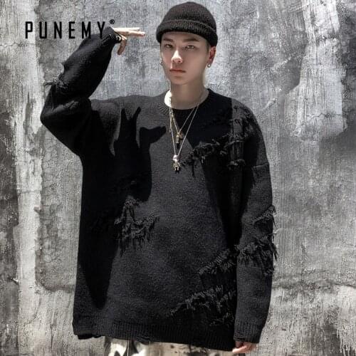 Hip Hop Sweater Men Streetwear Harajuku Vintage Frayed Oversize O-neck 2020 Autumn New Spandex Casual Couple Mens Sweaters