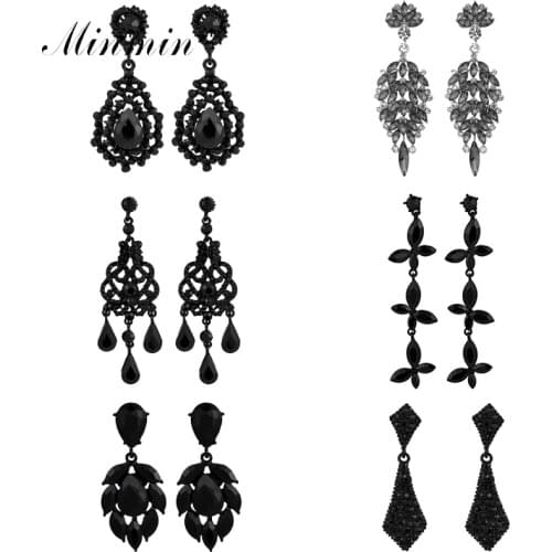 Minmin Vintage Leaf Shape Long Large Tassel Earrings for Women Punk Black Crystal Dangle Earrings 2020 Korean Jewelry MEH1750