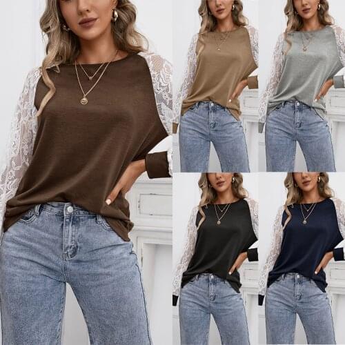 Womens Fashion T-shirt O-Neck Lace Long Sleeve Patchwork Hollow Out Tops 2021 Hot Spring Autumn Tees For Females Camiseta
