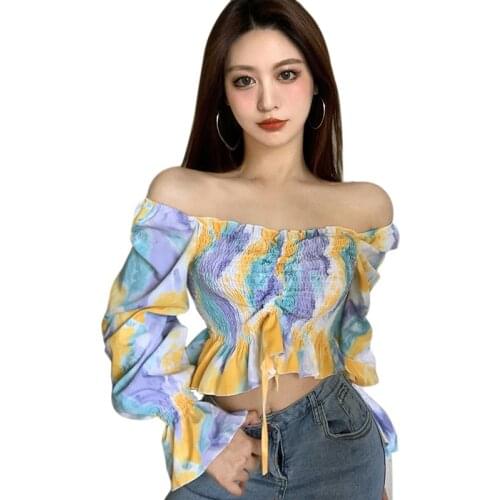 Womens Slash Neck Tie-Dyed Blouse Summer Sexy Sweet Long Sleeves Chiffon Shirt Tops 2021