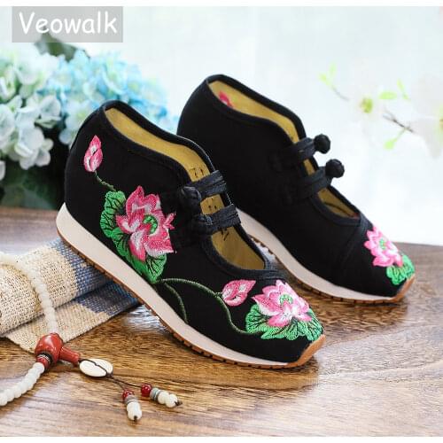 Veowalk No Tongue Design Women Canvas Embroidered Hidden Platforms Shoes Comfortable Ladies Thick Bottom Fabric Sneakers