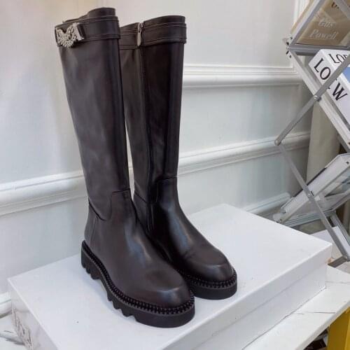 New Chain Women Long Boots Round Toe Knee-high Boots Unique Design Women Shoes 2021 Fall Winter Women Shoes Genuine Leather