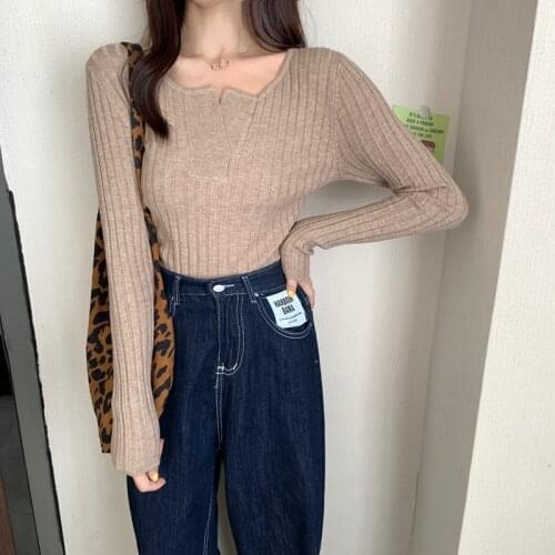 2020 Winter New Fashion Sexy V-Neck Long Sleeve Cropped Tops Sliod Casual Lady Elastic Knitted Pullovers Short Solid Sweaters