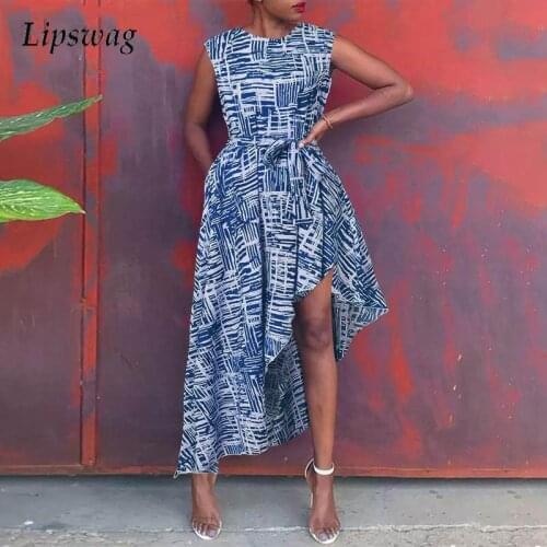 Retro Pattern Printed Irregular Party Dress Women Casual O Neck Tie-up Bow Long Dress 2021 Summer Elegant Sleeveless Tank Dress