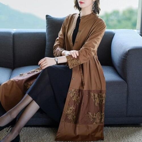 Spring Fall Casual Loose Lace Patchwork 3/4 Sleeve Trench Coat for Women , Female Woman Flower High Waisted Pleated 4xl Coats