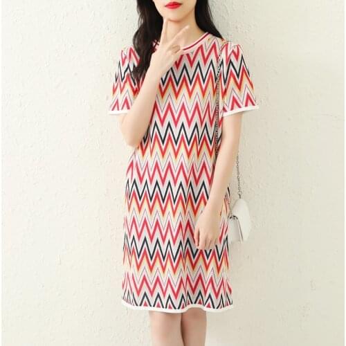 Colorful Knitted Dresses Summer 2021 Sweet Contrast Color Short Sleeve Knit Party Dress Women Comfy Holiday Mini Vestidos Mujer